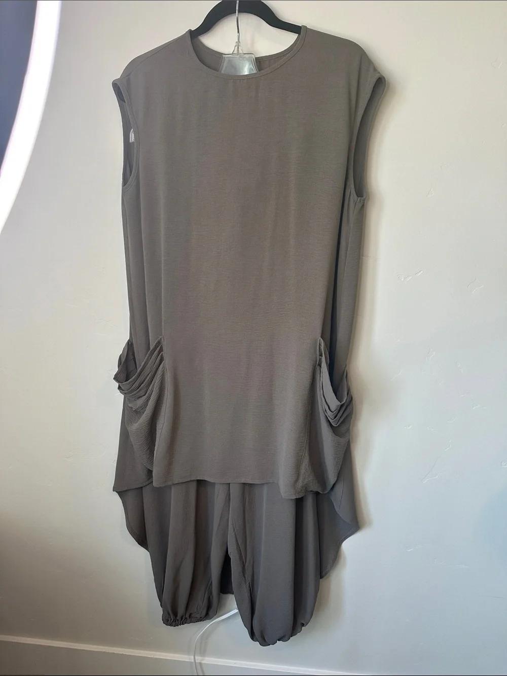 Relaxed Sleeveless Tunic & Harem Pants Set - Taupe Olive Brown M NEW